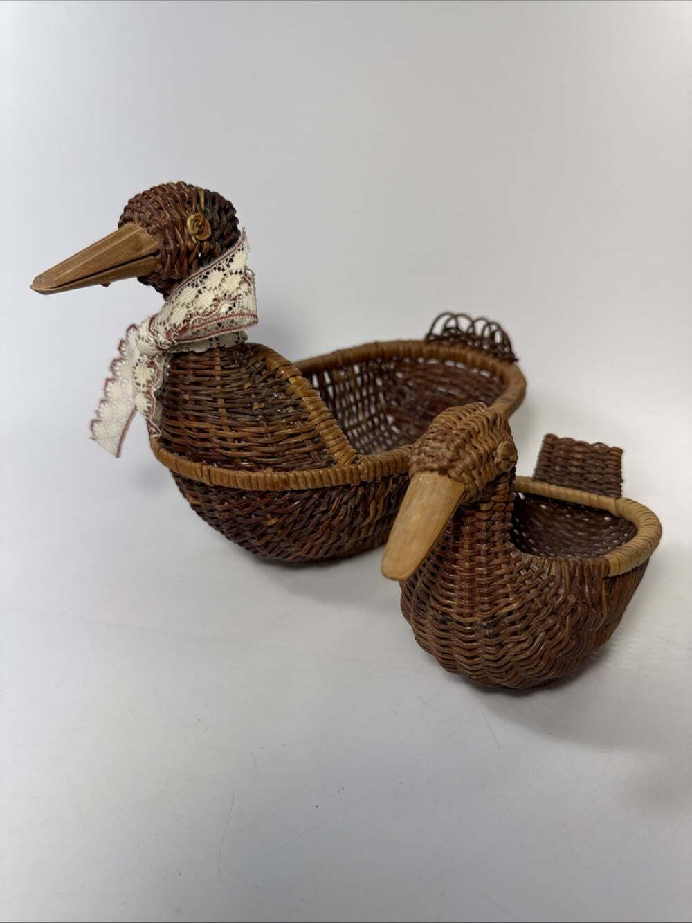 Vtg Rattan Duck Shaped Basket Woven Duck Basket 10” & 6” Long